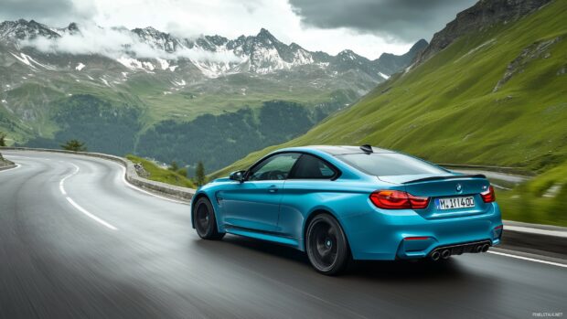 Sports Car Wallpaper with a BMW M4 in a vibrant blue color, driving through a mountain pass with sharp turns and lush green scenery.