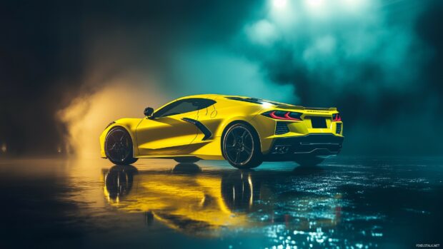 Sports Car Wallpaper with a Chevrolet Corvette C8 in bright yellow, showcased under dramatic studio lighting.