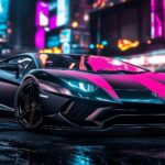 Sports Car Wallpaper with a Lamborghini Aventador in matte black, parked in front of a futuristic cityscape at night with neon lights reflecting off its body.