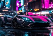 Sports Car Wallpaper with a Lamborghini Aventador in matte black, parked in front of a futuristic cityscape at night with neon lights reflecting off its body.