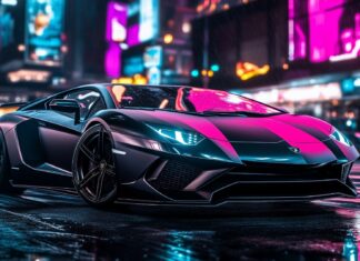 Sports Car Wallpaper with a Lamborghini Aventador in matte black, parked in front of a futuristic cityscape at night with neon lights reflecting off its body.