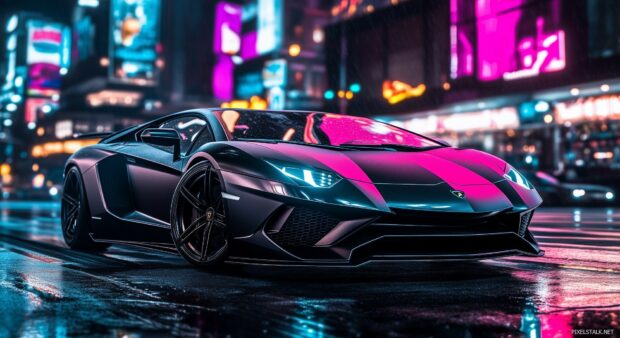 Sports Car Wallpaper with a Lamborghini Aventador in matte black, parked in front of a futuristic cityscape at night with neon lights reflecting off its body.