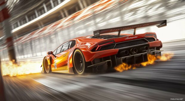 Sports Car Wallpaper with a Lamborghini Huracán GT3 in the middle of a tense race, with flames shooting out of the exhaust.