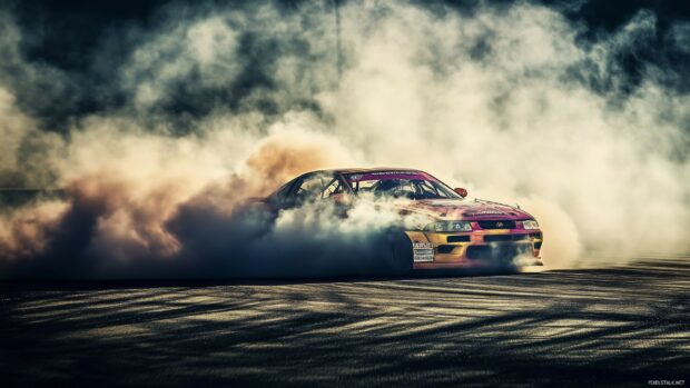 Sports Car Wallpaper with a drift car sliding sideways on a track with tire smoke enveloping the scene.