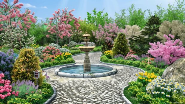 Spring 4K wallpaper with a variety of blooming flowers and a fountain.