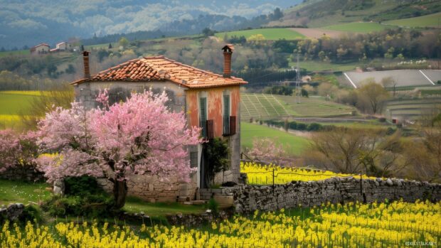 Spring Desktop Background with springtime in a picturesque village.