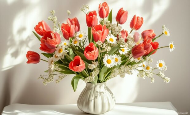 Spring Desktop Wallpaper with a vase of tulips and daisies on a white table.