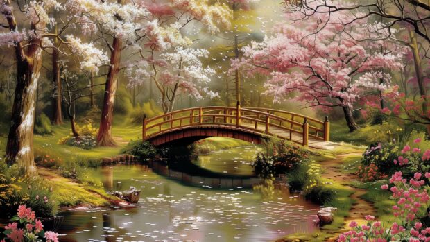 Spring Flower Wallpaper with a bridge over a stream in a garden full of blossoms.