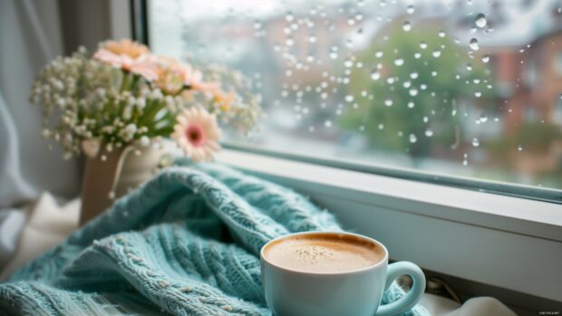 Spring Flowers Desktop Wallpaper 4K with a cozy spring morning with a cup of coffee and flowers on a windowsill.