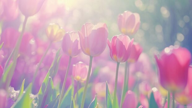 Spring Flowers Desktop Wallpaper 4K with a field of colorful tulips in soft focus, with a bright sky fading into a clean.