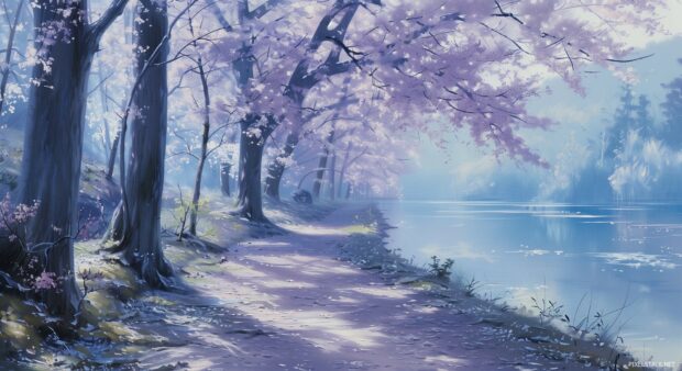  Spring Flowers Desktop Wallpaper with spring blossom trees lining a peaceful riverbank.