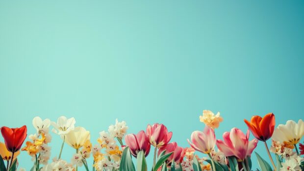 Spring Flowers Wallpaper 4K with a row of pastel colored flowers at the bottom, with a clean blue sky.