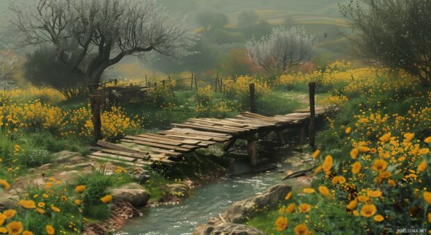 Spring Season view of a rustic wooden bridge over a bubbling stream.