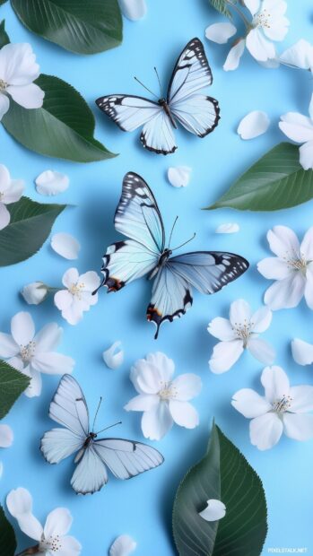 Spring Wallpaper includes cherry blossoms, butterflies, blue skies, and fresh green leaves arranged in a scrapbook aesthetic.