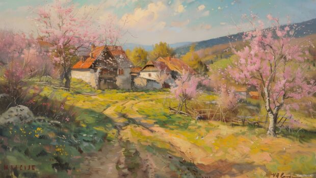 Spring background with a farmhouse and blooming cherry trees.