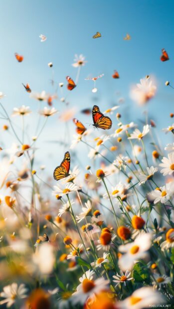 Spring butterfly garden wallpaper with monarchs and daisies swaying in the breeze.