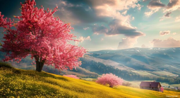 Spring countryside with a farmhouse and blooming cherry trees.