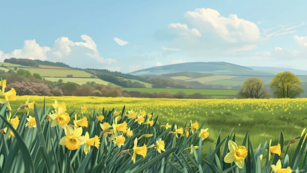 Spring desktop background with rolling hills and a field of yellow daffodils.