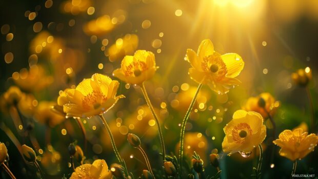 Spring flowers 1080p Background HD with dew drops in the morning light.