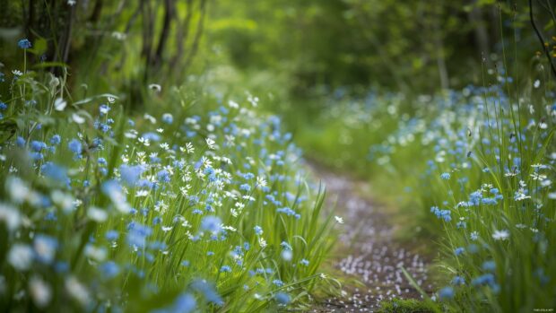 Spring flowers along a peaceful countryside path.