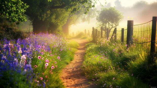 Spring flowers along a peaceful countryside path.