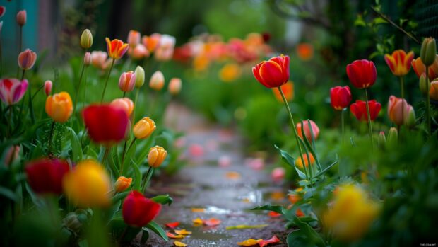 Spring flowers along a peaceful path.