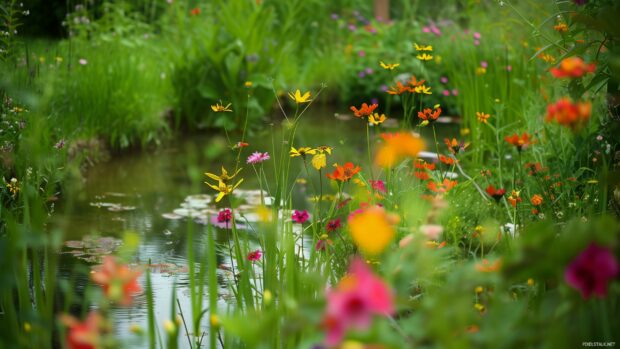 Spring flowers surrounding a serene pond.