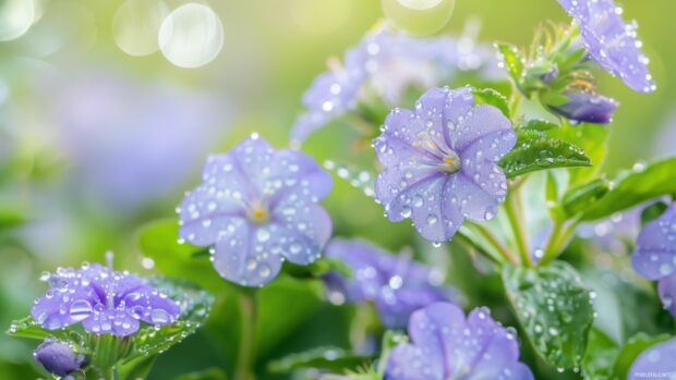 Spring flowers with dew drops in the morning light .