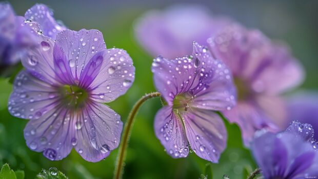 Spring flowers with dew drops in the morning light.