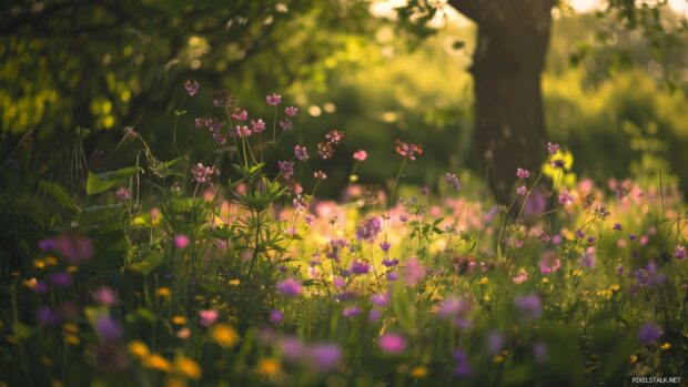 Spring forest desktop background with blooming wildflowers.