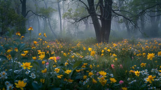 Spring forest landscape wallpaper with blooming wildflowers.