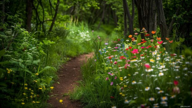 Spring forest path with wildflowers and fresh green foliage.