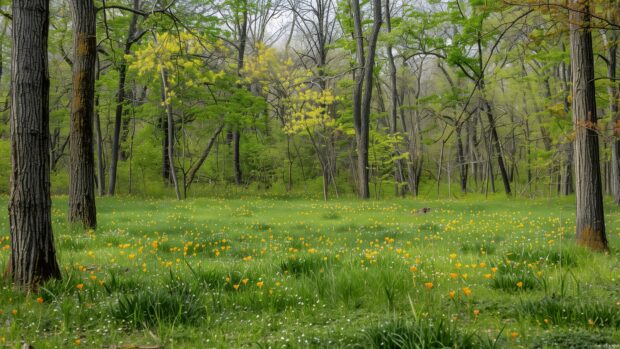 Spring forest with blooming wildflowers.