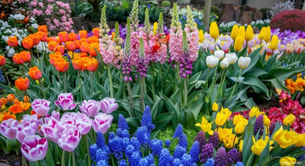 Spring garden filled with colorful flowers.