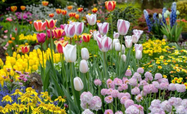 Spring garden filled with colorful flowers.