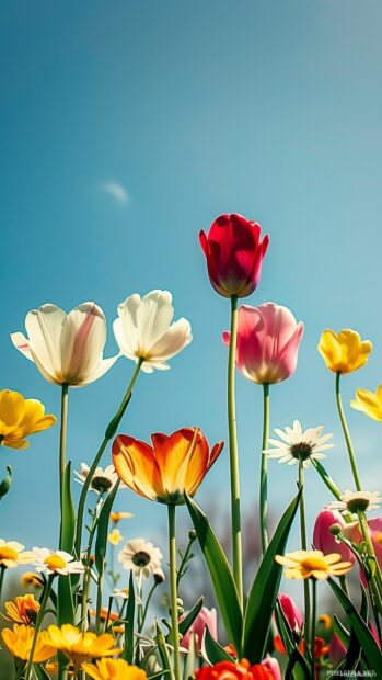 Spring garden iPhone wallpaper with vibrant tulips and daisies under a clear blue sky.