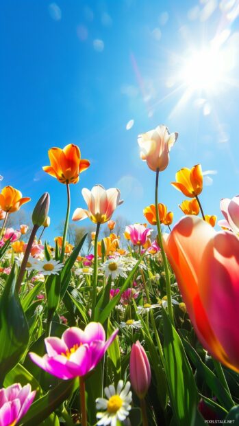 Spring garden iPhone wallpaper with vibrant tulips and daisies under a clear blue sky.