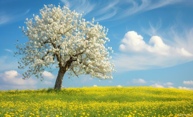 Spring landscape desktop wallpaper with a bright blue sky.