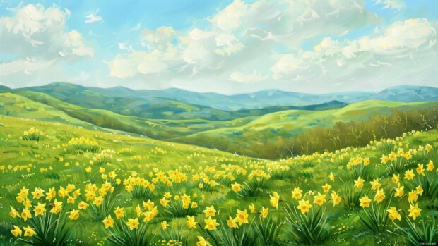 Spring landscape wallpaper 4K with rolling hills and a field of yellow daffodils.