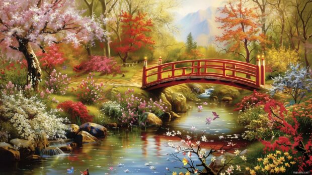 Spring landscape with a bridge over a stream in a garden full of blossoms.