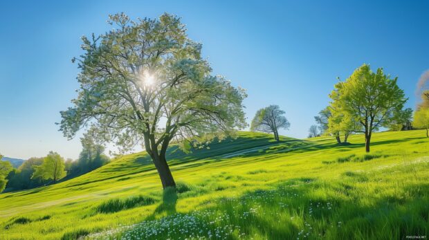 Spring landscape with a bright blue sky.