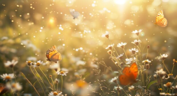 Spring meadow 1080p HD Wallpaper with blooming flowers, butterflies, soft sunlight.