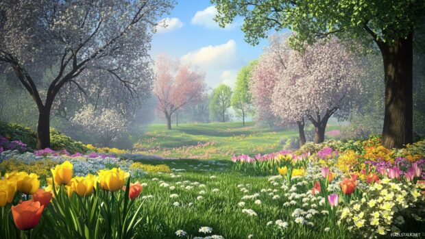 Spring meadow with flowers PC wallpaper with blooming flowers and fresh greenery.