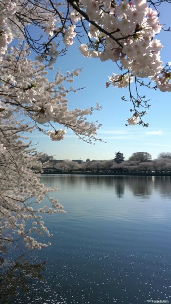 Spring morning phone background with cherry blossom trees in full bloom.