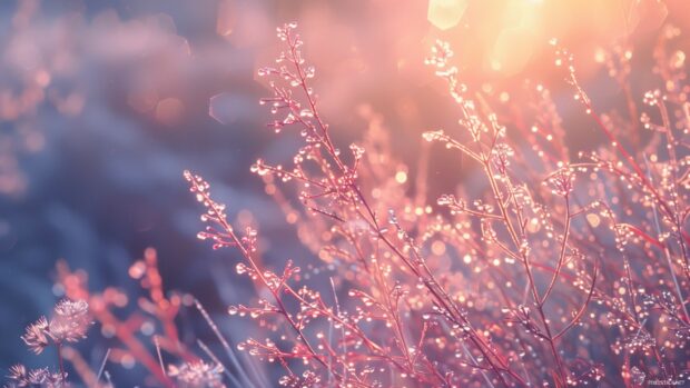 Spring morning with dew covered grass and soft sunlight.