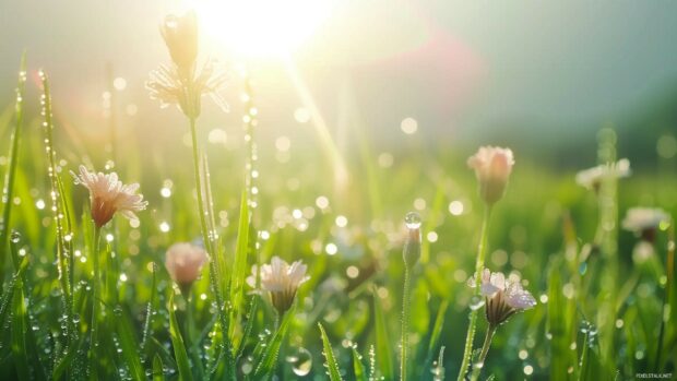 Spring morning with dew covered grass, flowers and soft sunlight.