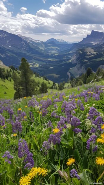 Spring mountain hike with wildflowers.