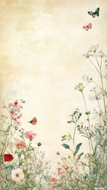 Spring phone wallpaper with pressed flowers, butterflies, and vintage botanical sketches on a soft beige paper texture background.