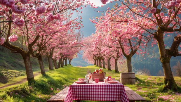 Spring picnic under cherry blossom trees in full bloom.