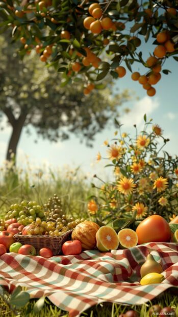 Spring picnic with a checkered blanket and assorted fruits in a meadow.